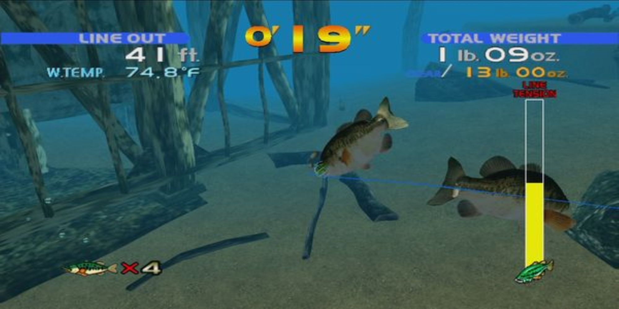 A flounder bites on a fishing line near a ruin in SEGA Bass Fishing.