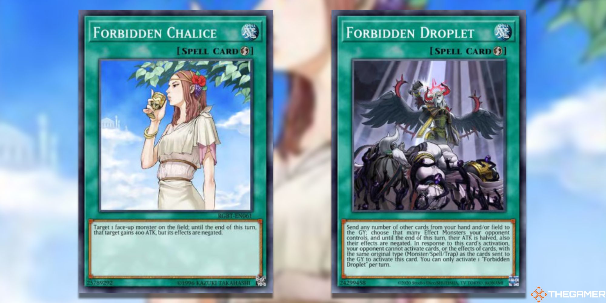 Yu-Gi-Oh! Forbidden Chalice and Forbidden Droplet on blurred background