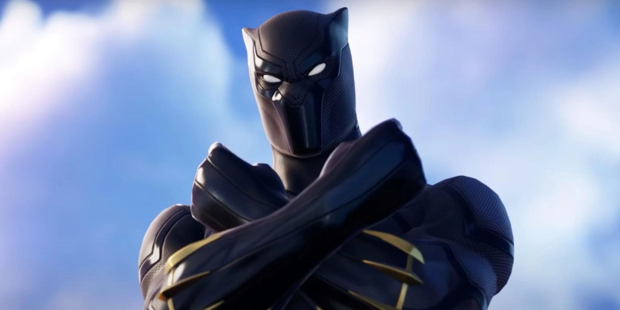 Black Panther crosses his arms in front of a blue sky