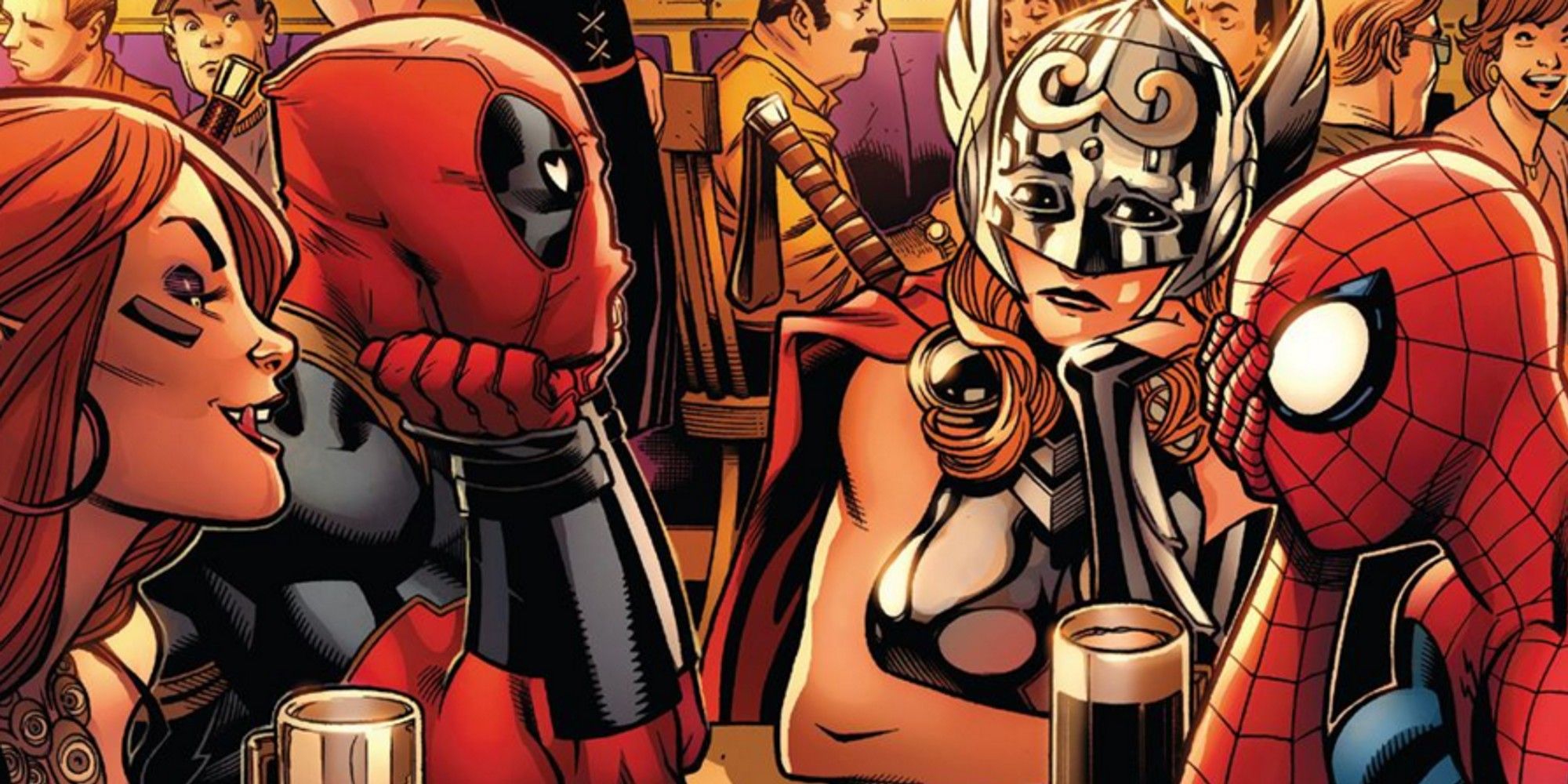 Marvel Comics, Deadpool and Spider Man on a double date with succubus and Jane Foster Thor