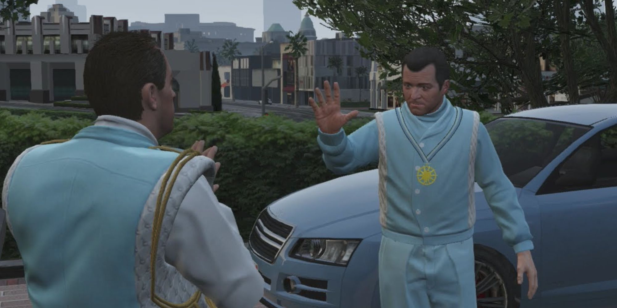 Michael interacting with someone from the Epsilon Program cult wearing cult uniform in GTA V