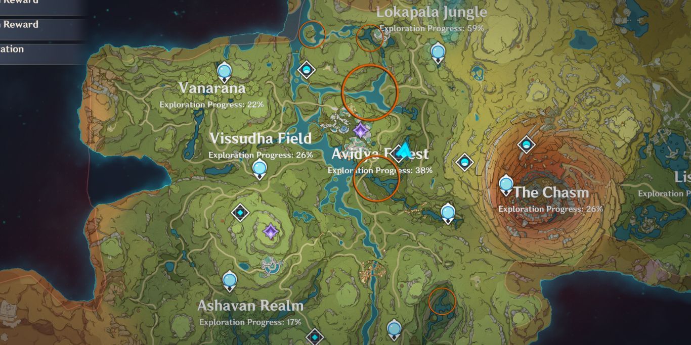 Genshin Impact Nilotpala Lotus Locations Marked With Circles