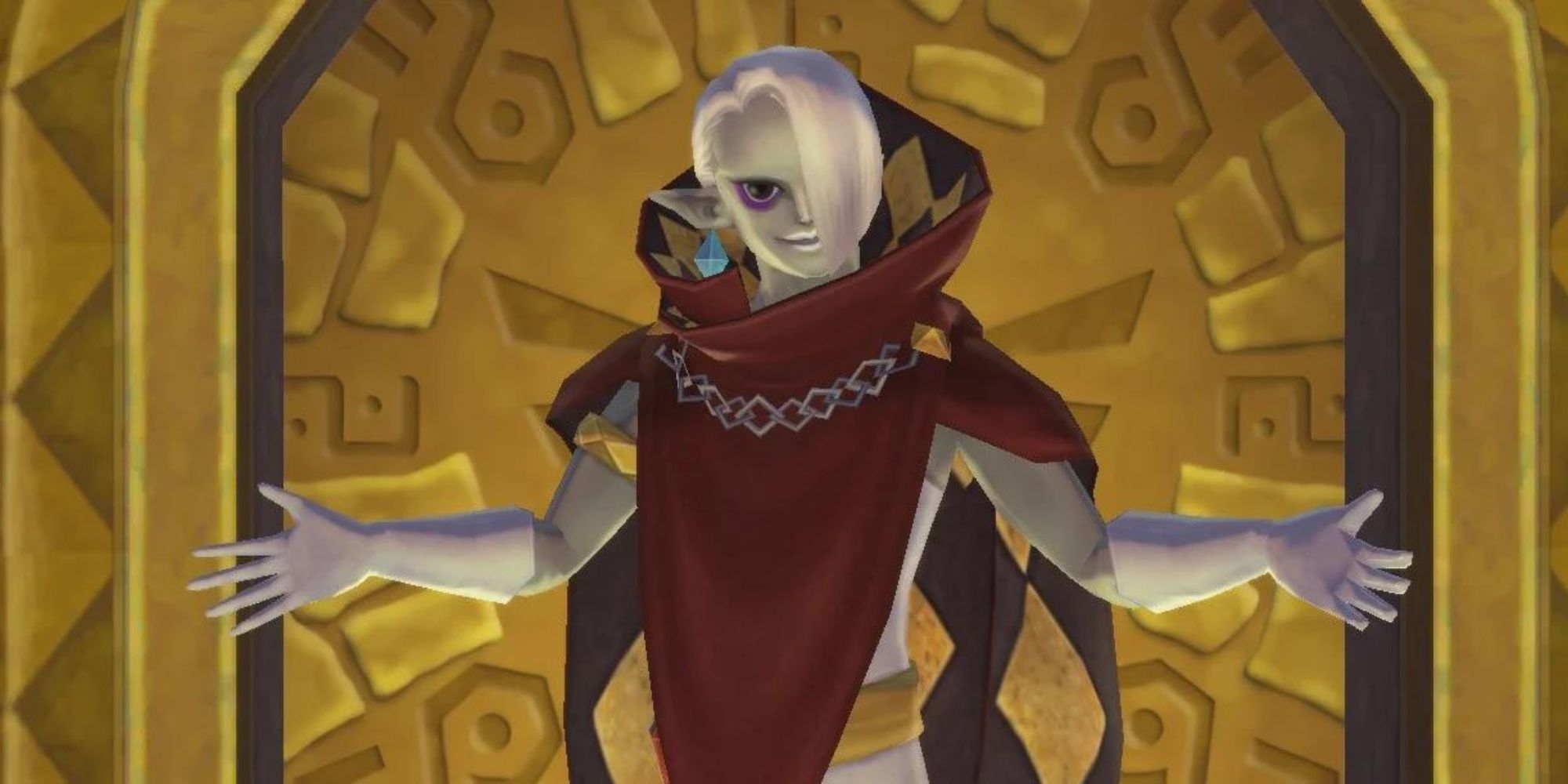 Ghirahim opens his arms in front of a door