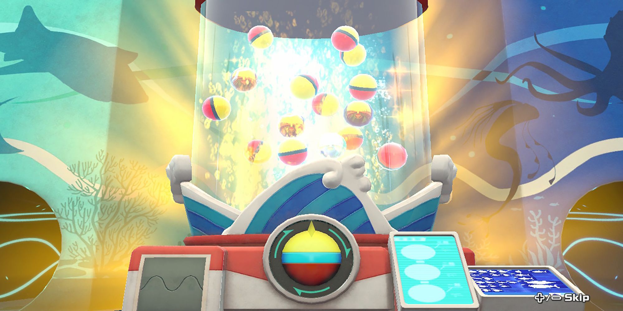 A giant gacha machine emits golden light in the Ace Angler Aquarium in Ace Angler: Fishing Spirits.