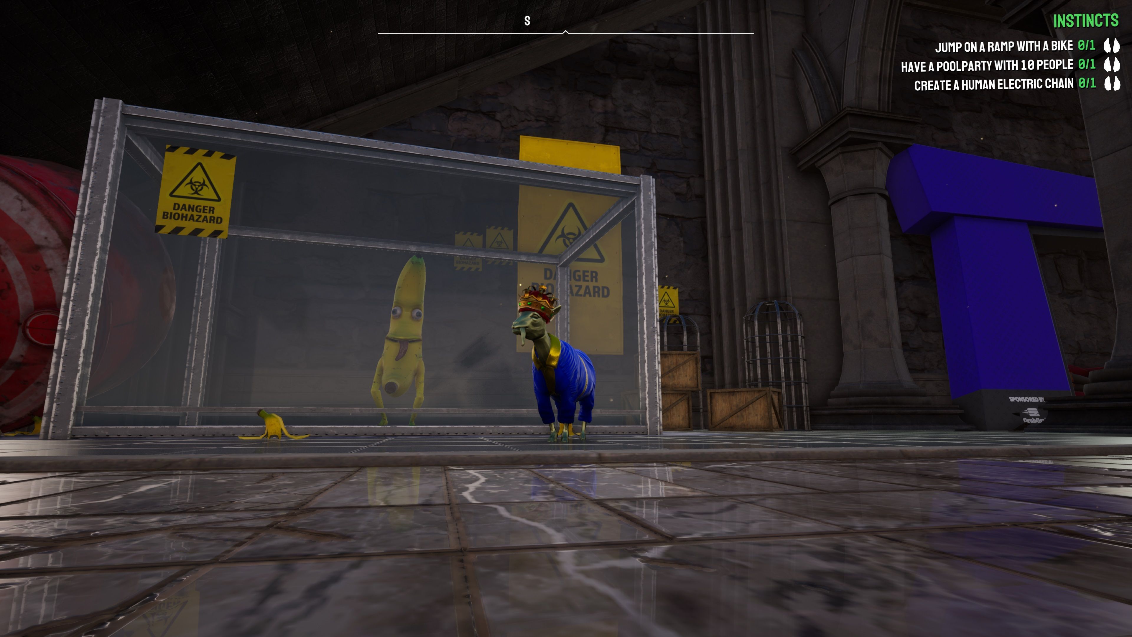 Goat Simulator 3 Pilgor beside the banana man in a box