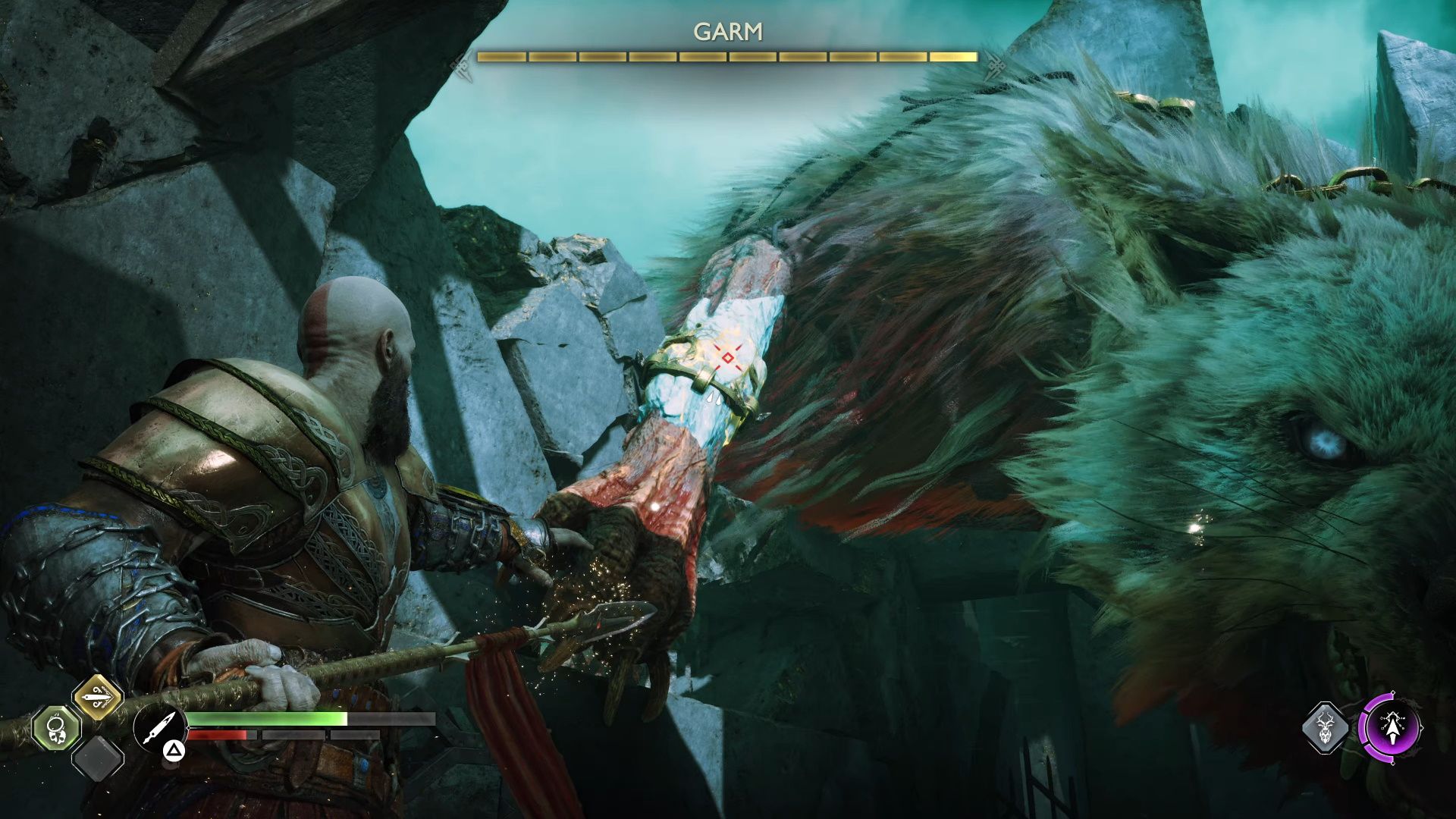 God Of War Ragnarok, Reunion, Firing A Spear At His Leg