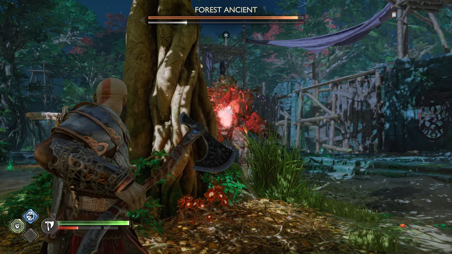 God Of War Ragnarok, Vanaheim, Hiding Behind The Tree While Fighting The Forest Ancient
