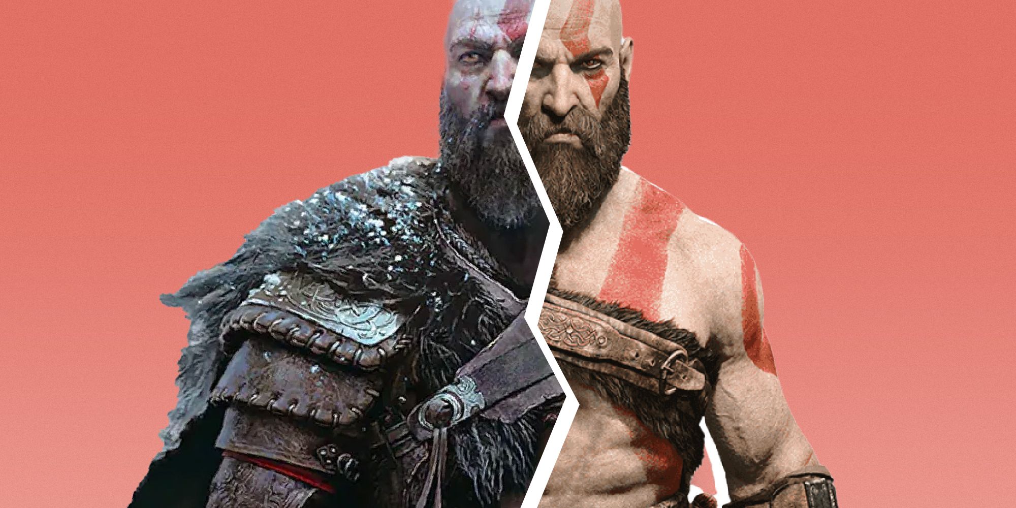 God of War 2018 and Ragnarok gear, with Kratos divided up the middle