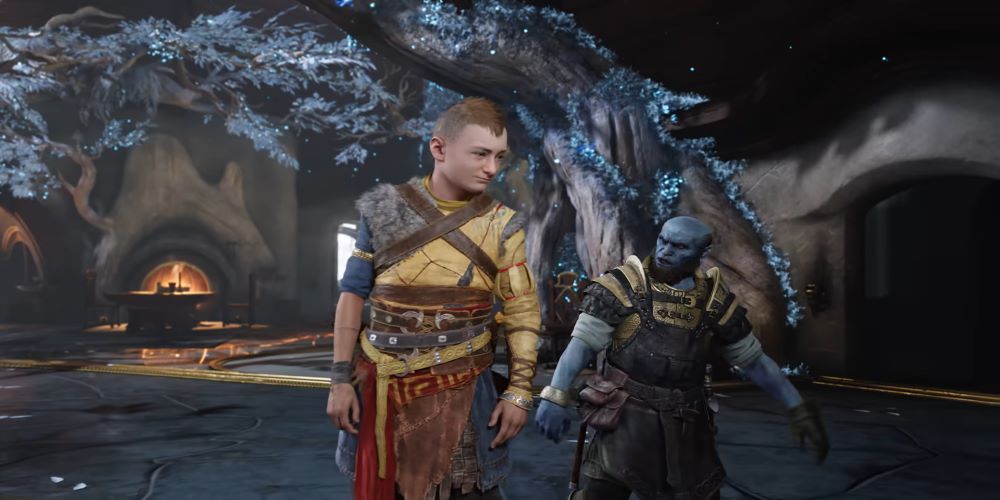 Atreus and Brok talking to each other inside their house.