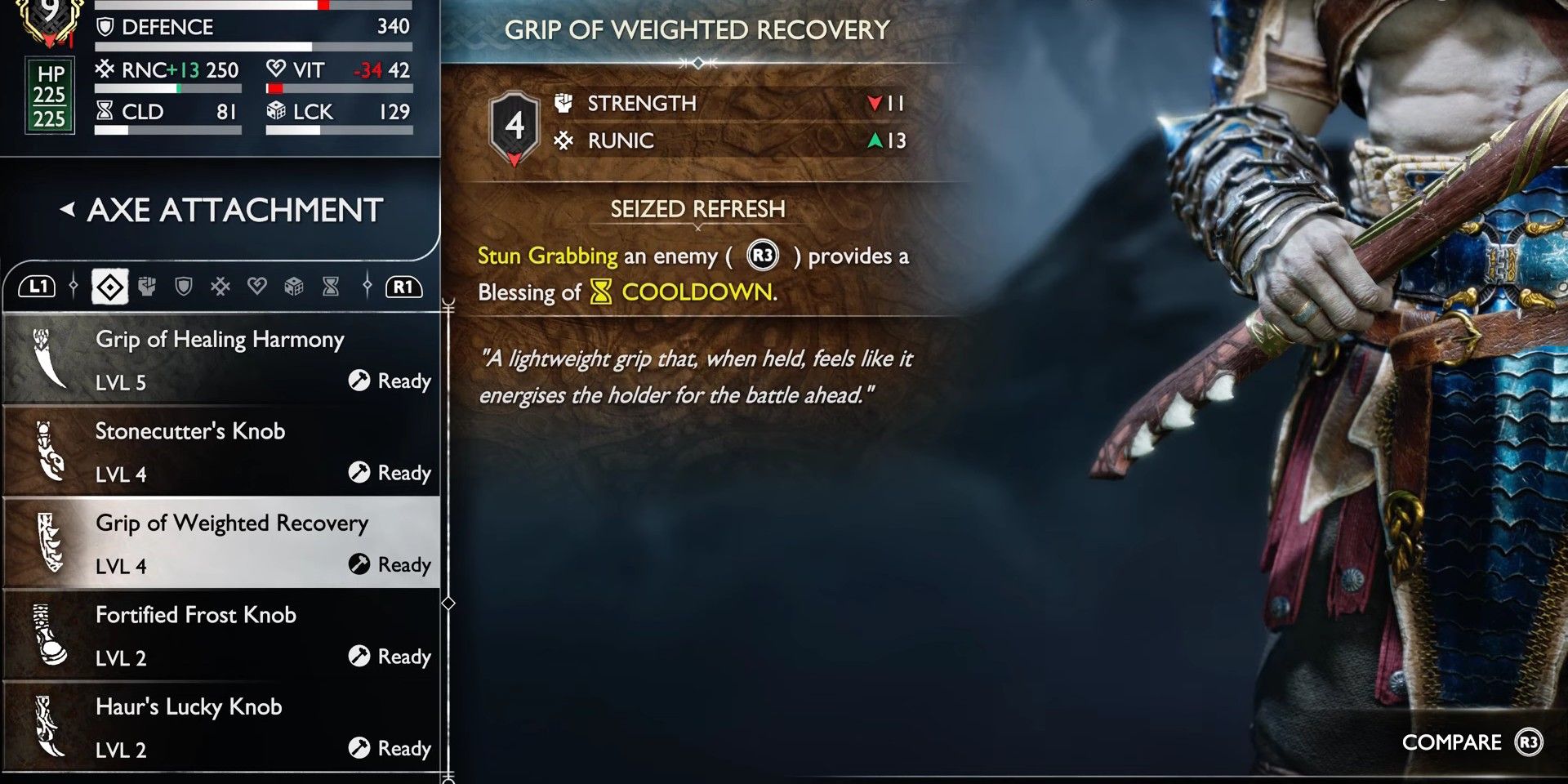 God of War Ragnarok Grip of Weighted Recovery attachment description