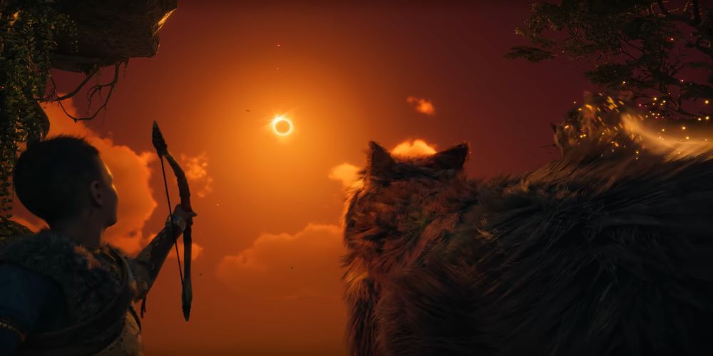 Atreus and Skol looking at a solar eclipse 