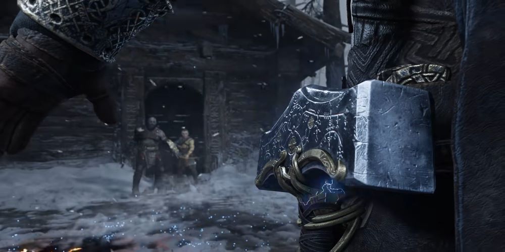 Thor's hammer with Kratos and Atreus looking