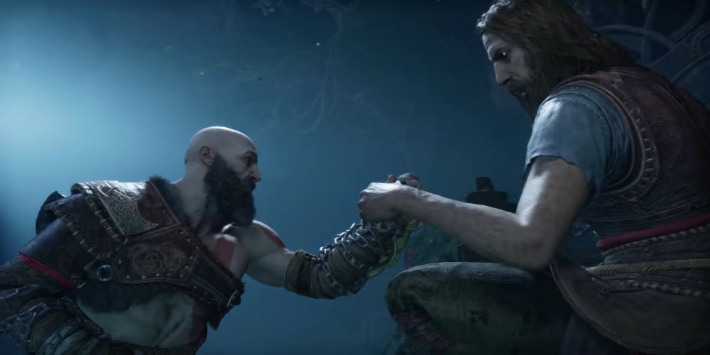 Tyr and Kratos holding hands 