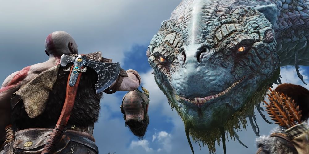 Jörmungandr, Mimir, Kratos, and Atreus looking at each other