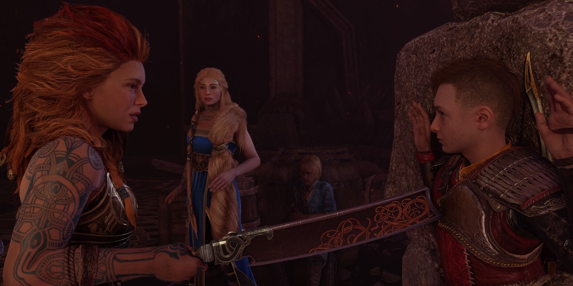 God of War Ragnarok Trud pointing a sword at Atreus with Sif in the background