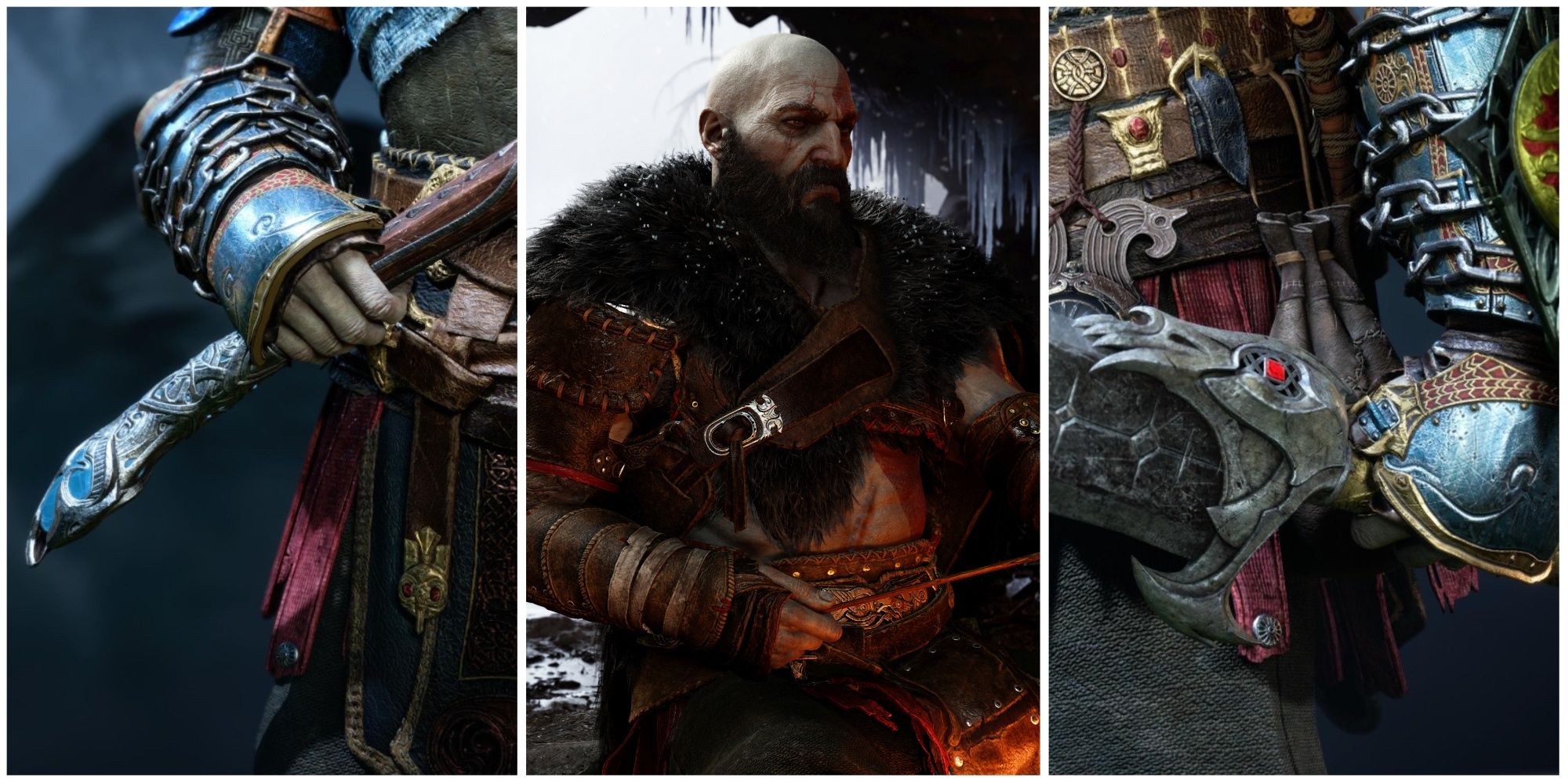 God of War Ragnarok collage with Kratos in the center, the Stonecutter's Knob on the left, and the Radiant Warden Handles on the right