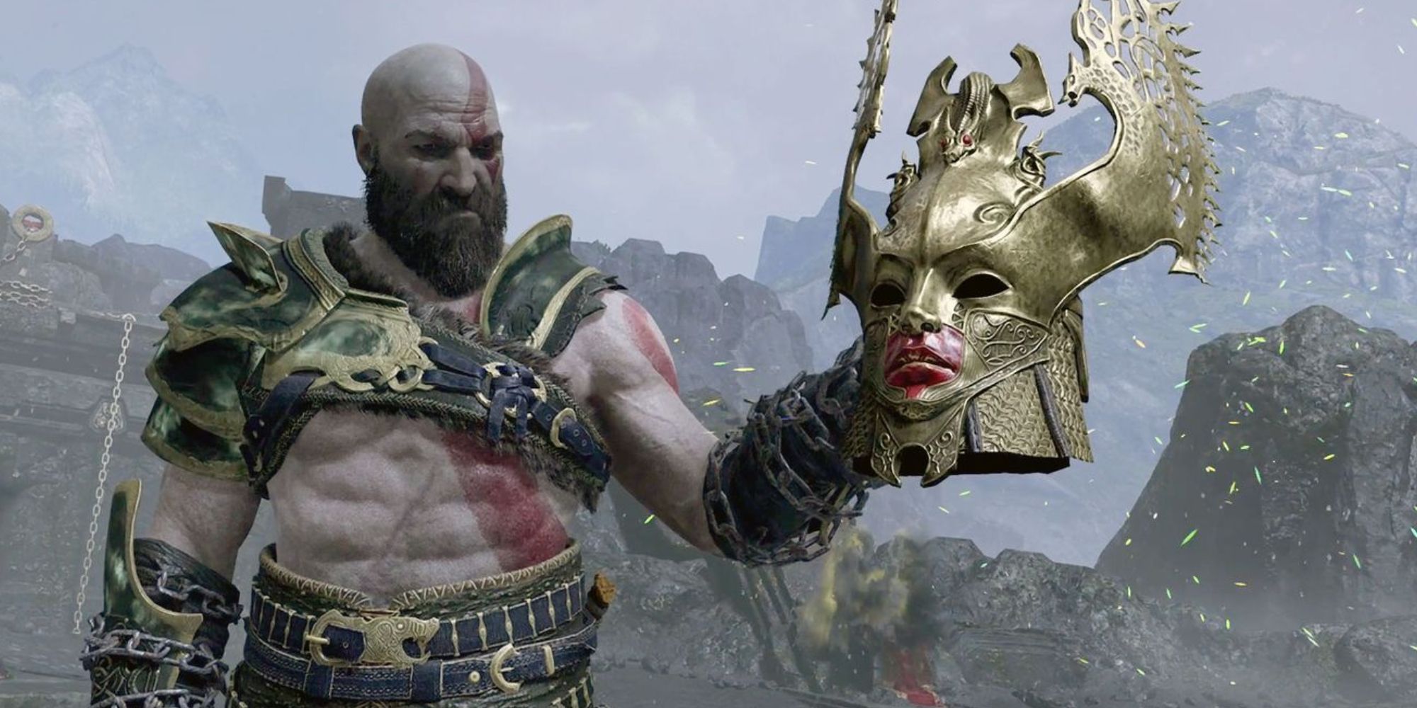 Kratos holding Sigrun's helmet