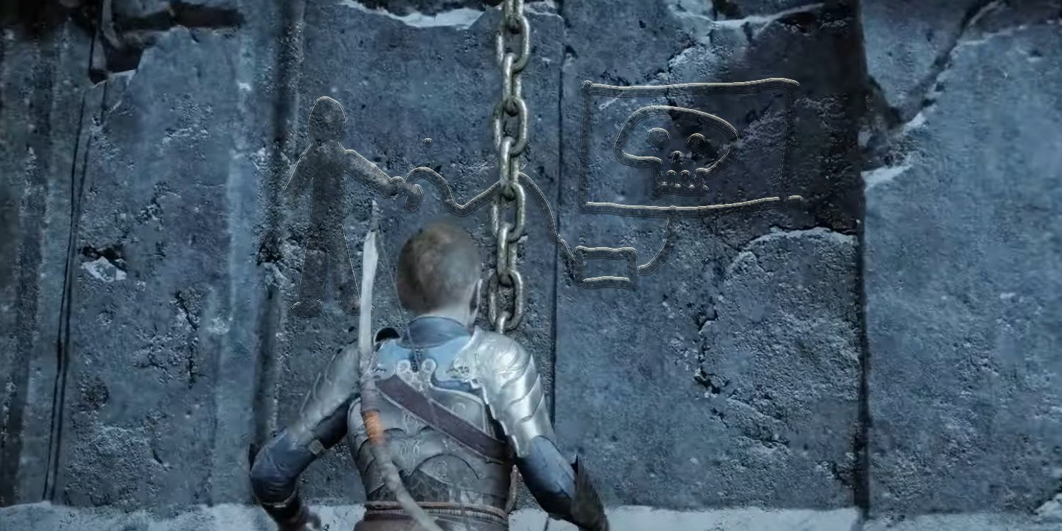 God of War with a doodle scribbled into a stone wall
