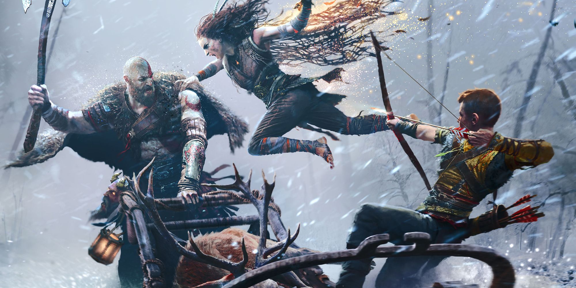 Kratos and Atreus fighting Freya