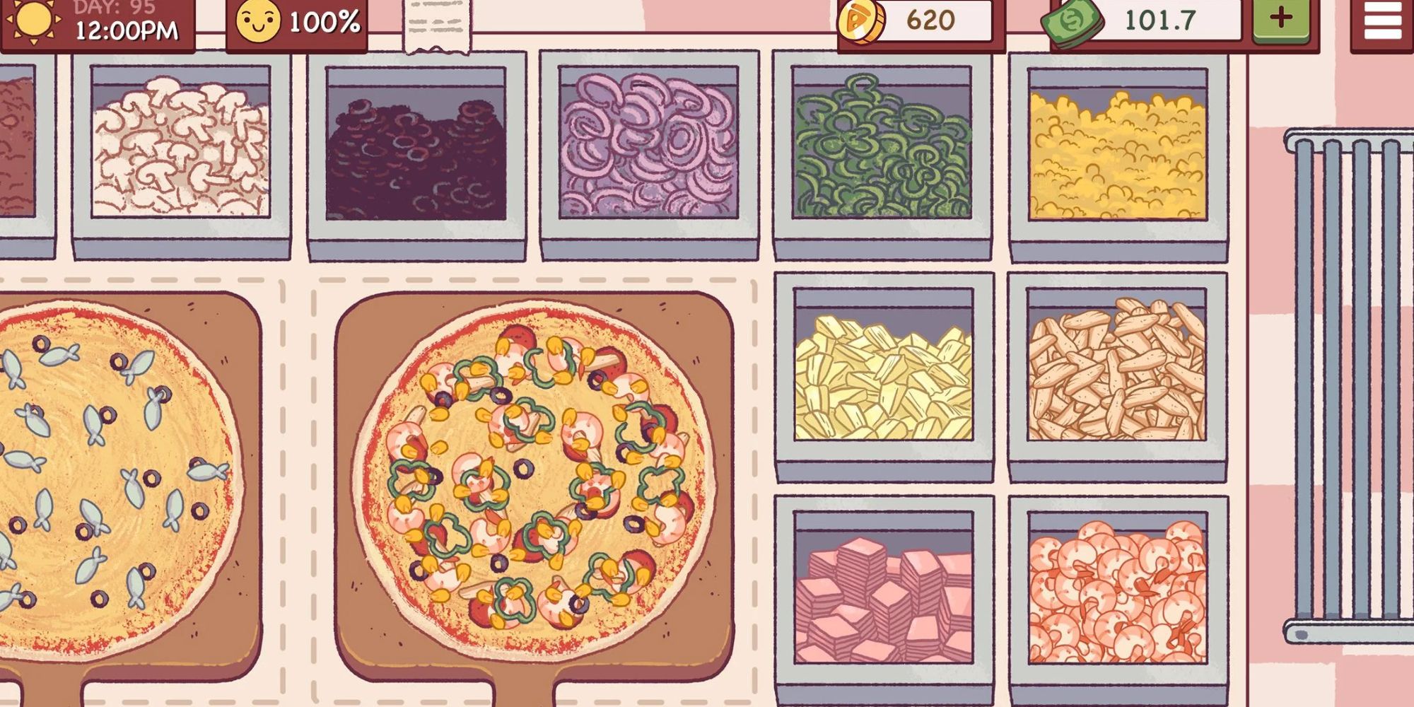 Two different types of pizza, and a selection of pizza toppings on the side from Good Pizza, Great Pizza.