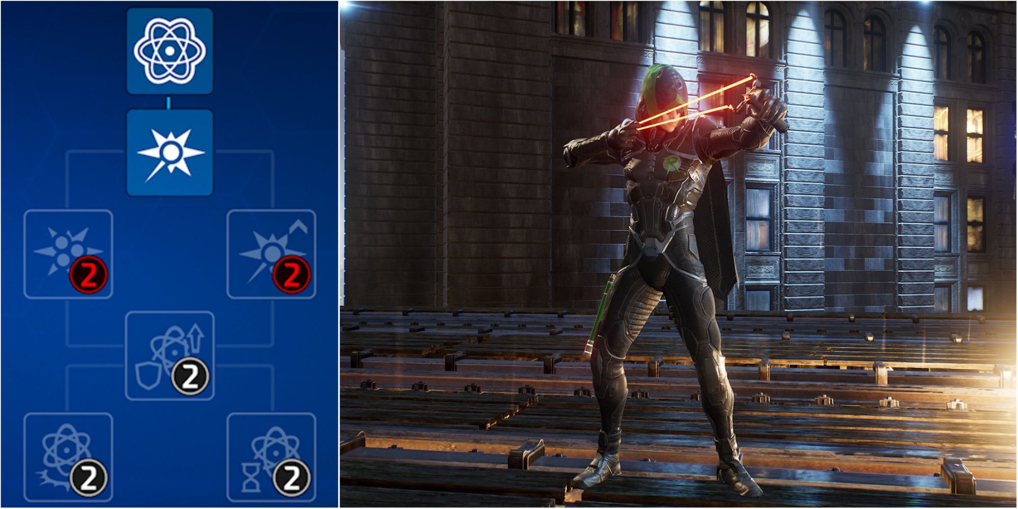 Gotham Knights Split Image Of Robin Tinkering Skill Tree