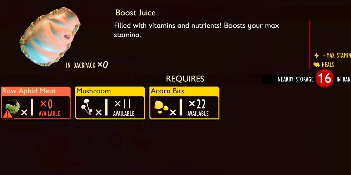 Grounded Healing Items: Boost Juice made from Aphids, mushrooms and acorns.