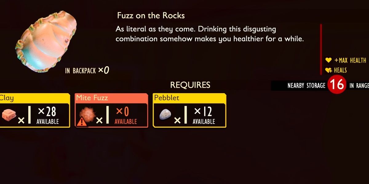 Grounded Healing Items: Fuzz On The Rocks made from mite fuzz and rocks.