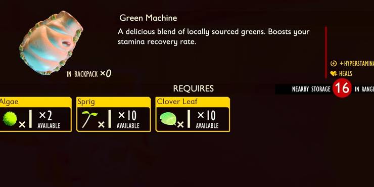 Grounded Healing Items: Green Machine made from algae, sprigs and clover leaves.