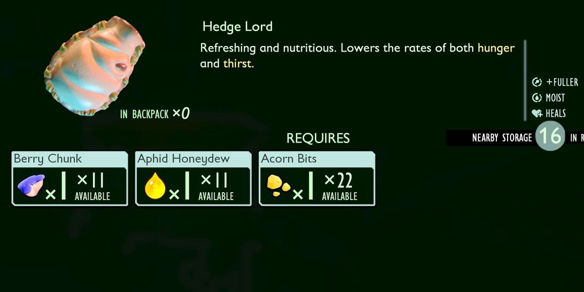 Grounded Healing Items: Hedge Lord's sweet recipe.