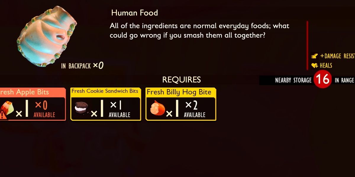 Grounded Healing Items: Human Food made of apples, cookies, and billy hog bites.