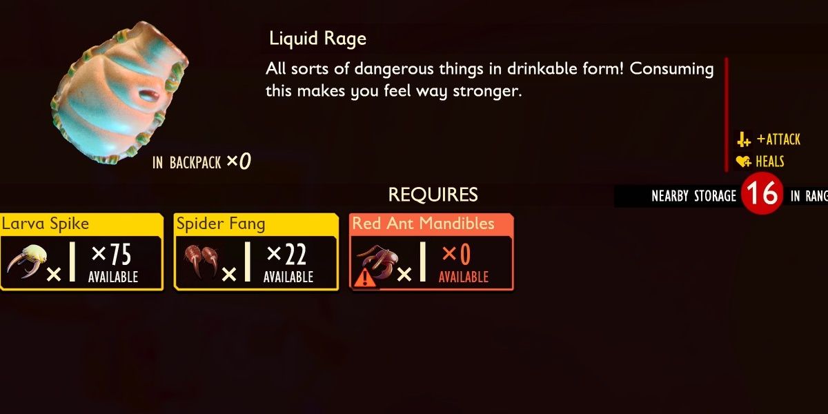 Grounded Healing Items: Liquid Rage made from bug parts.