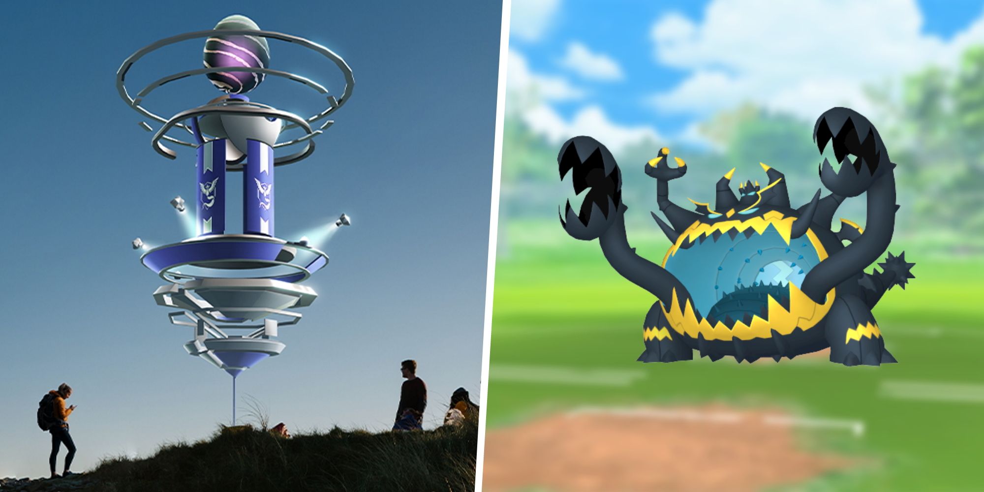 Image of a Pokemon Go Raid split with an image of Guzzlord from Pokemon
