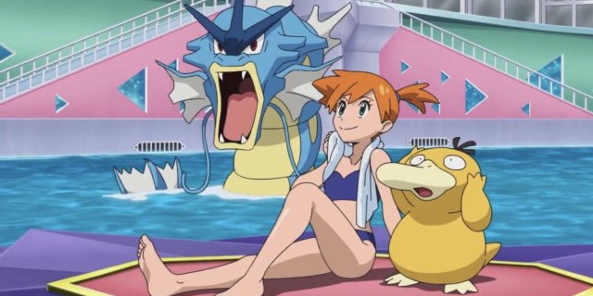 Misty with her Psyduck and Gyarados from the Pokemon anime, in a pool in Cerulean Gym