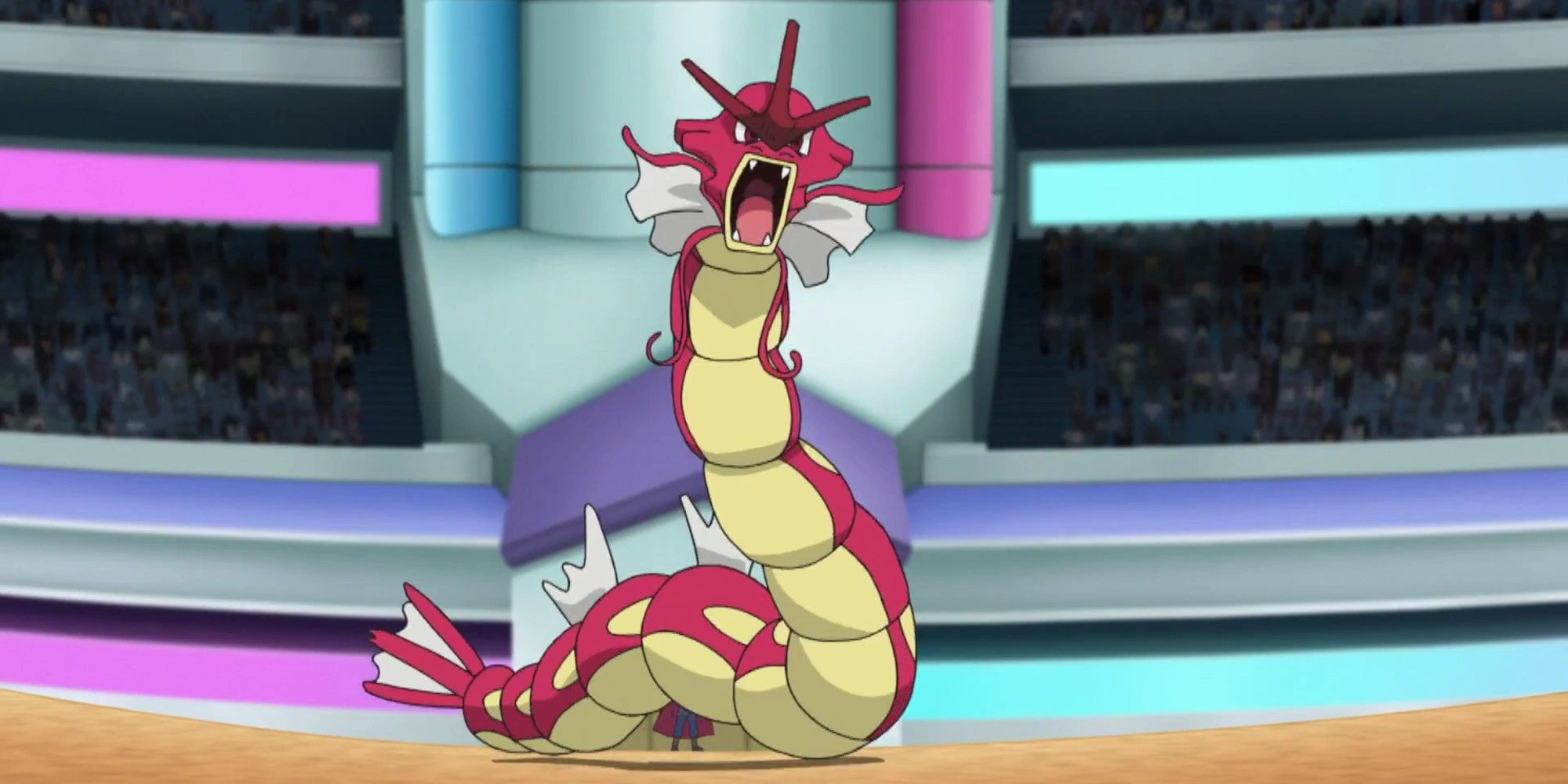 Shiny Gyarados of Lance from the Pokemon anime, in a stadium ready to attack