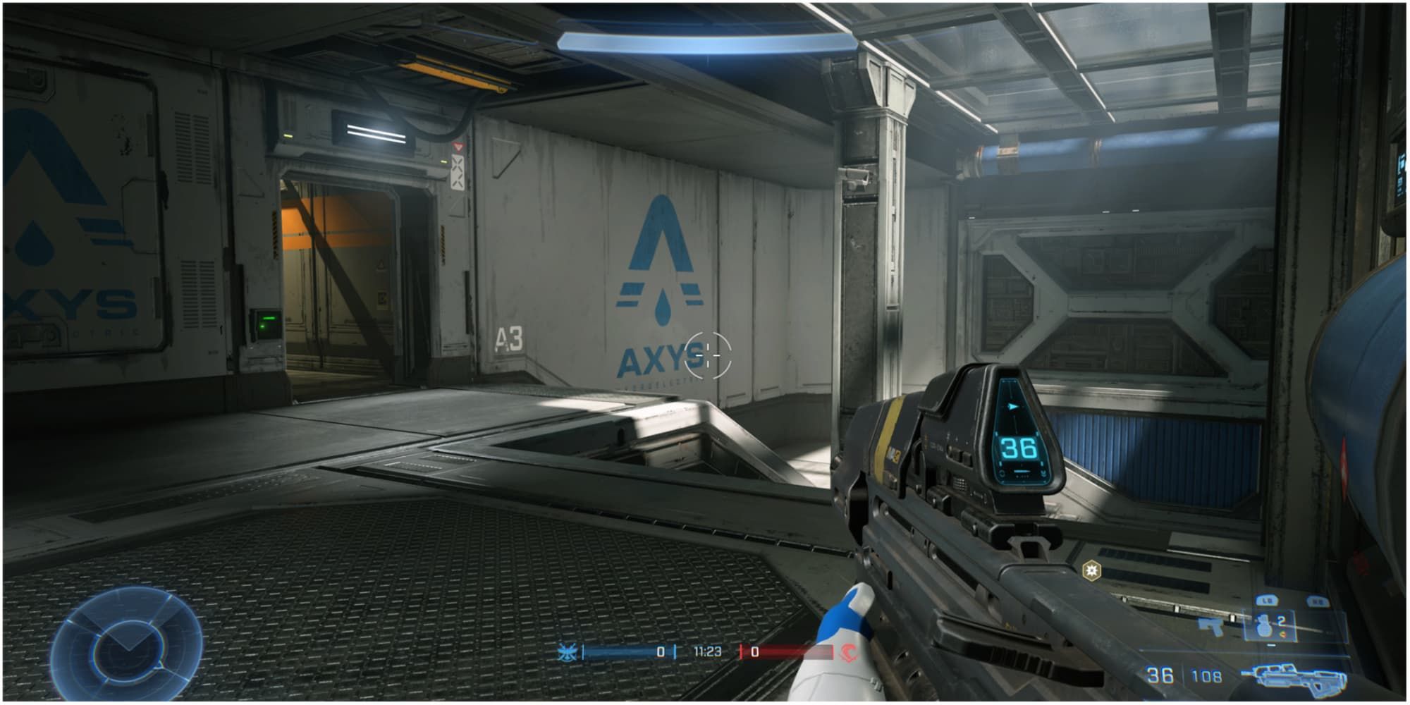 A Spartan holds his assault rifle, watching the stairs of the Control Room location on Recharge in Halo Infinite