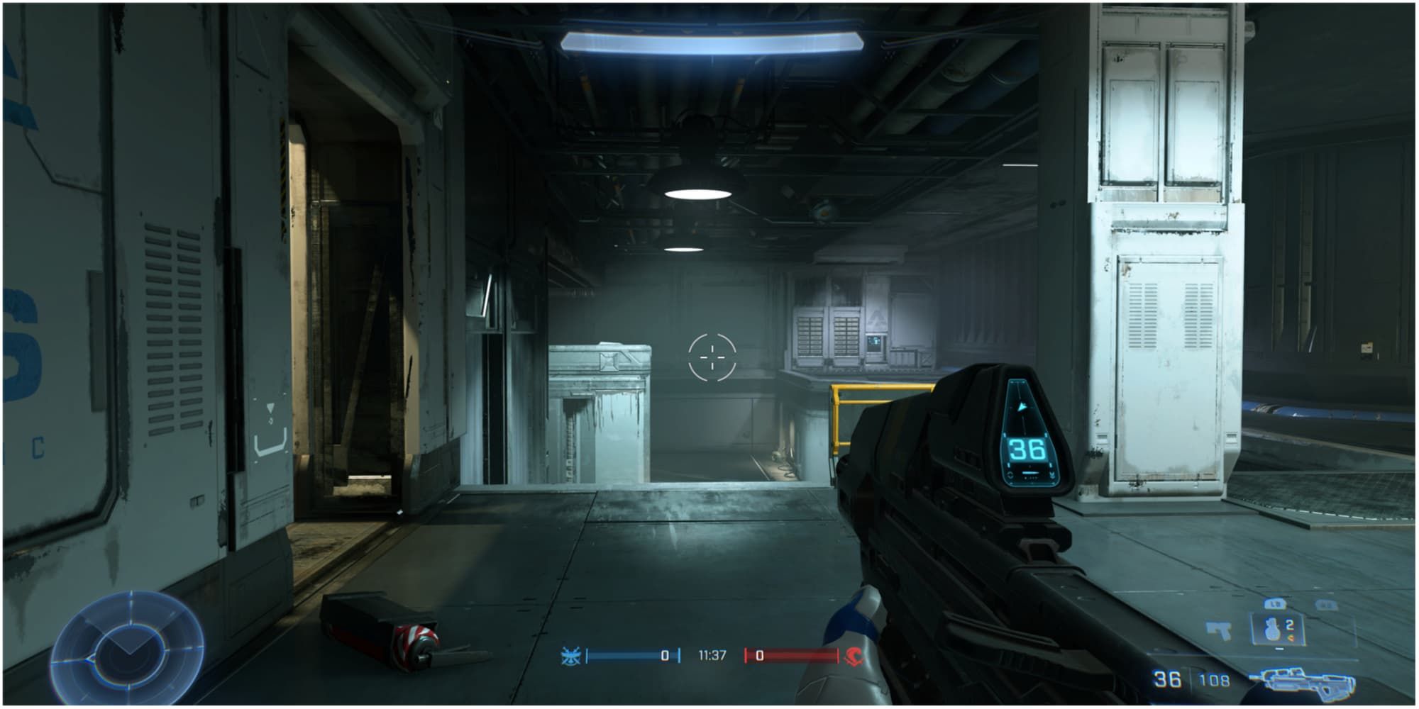A player backs into the corner above the Elevator on Recharge in Halo Infinite.