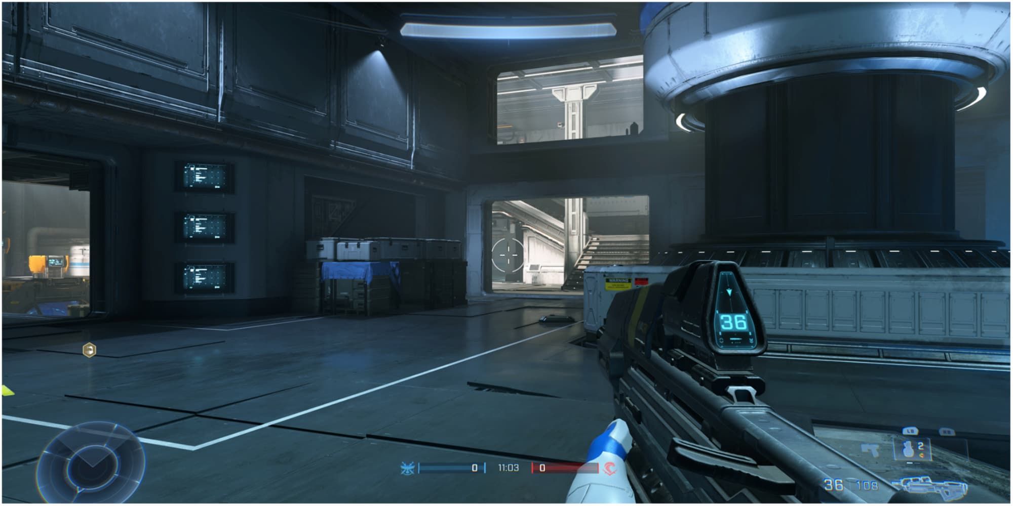 A camper sits back in the Hydro area, watching its entrance from the Control Room in Halo Infinite