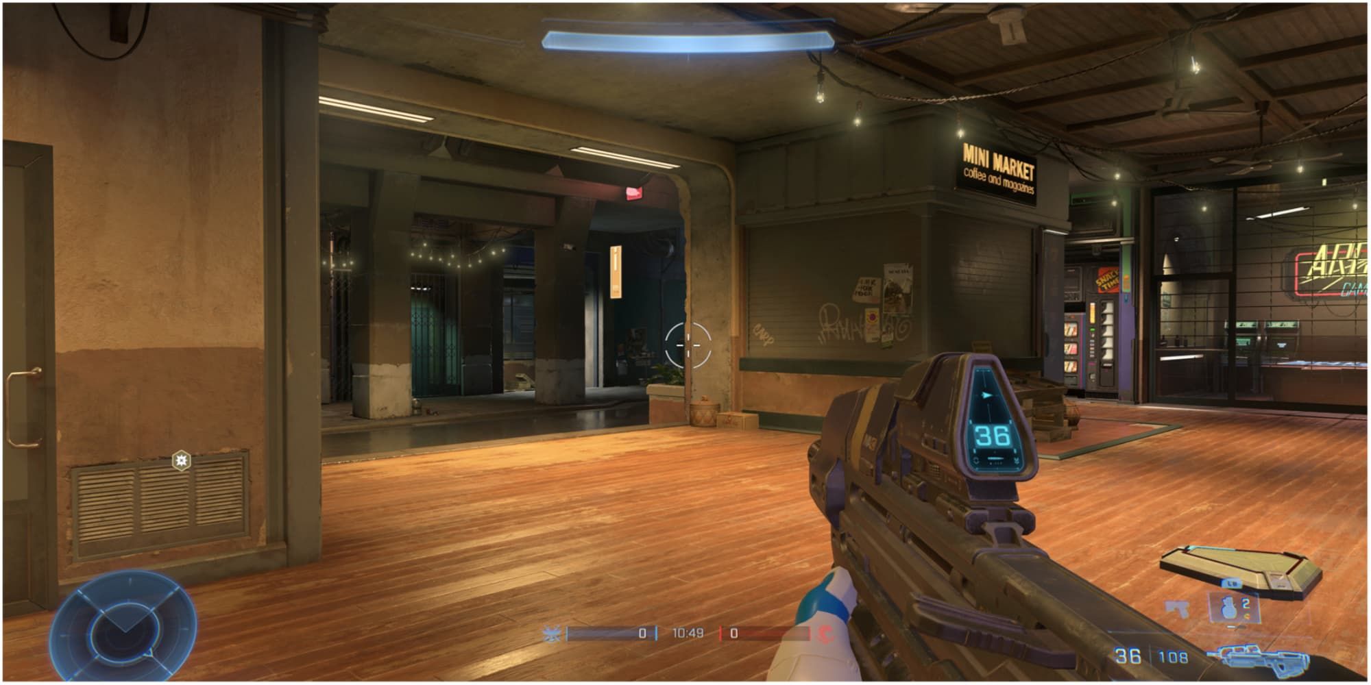 A player sits in the corner of the Old Town Bar area of the Streets map in Halo Infinite