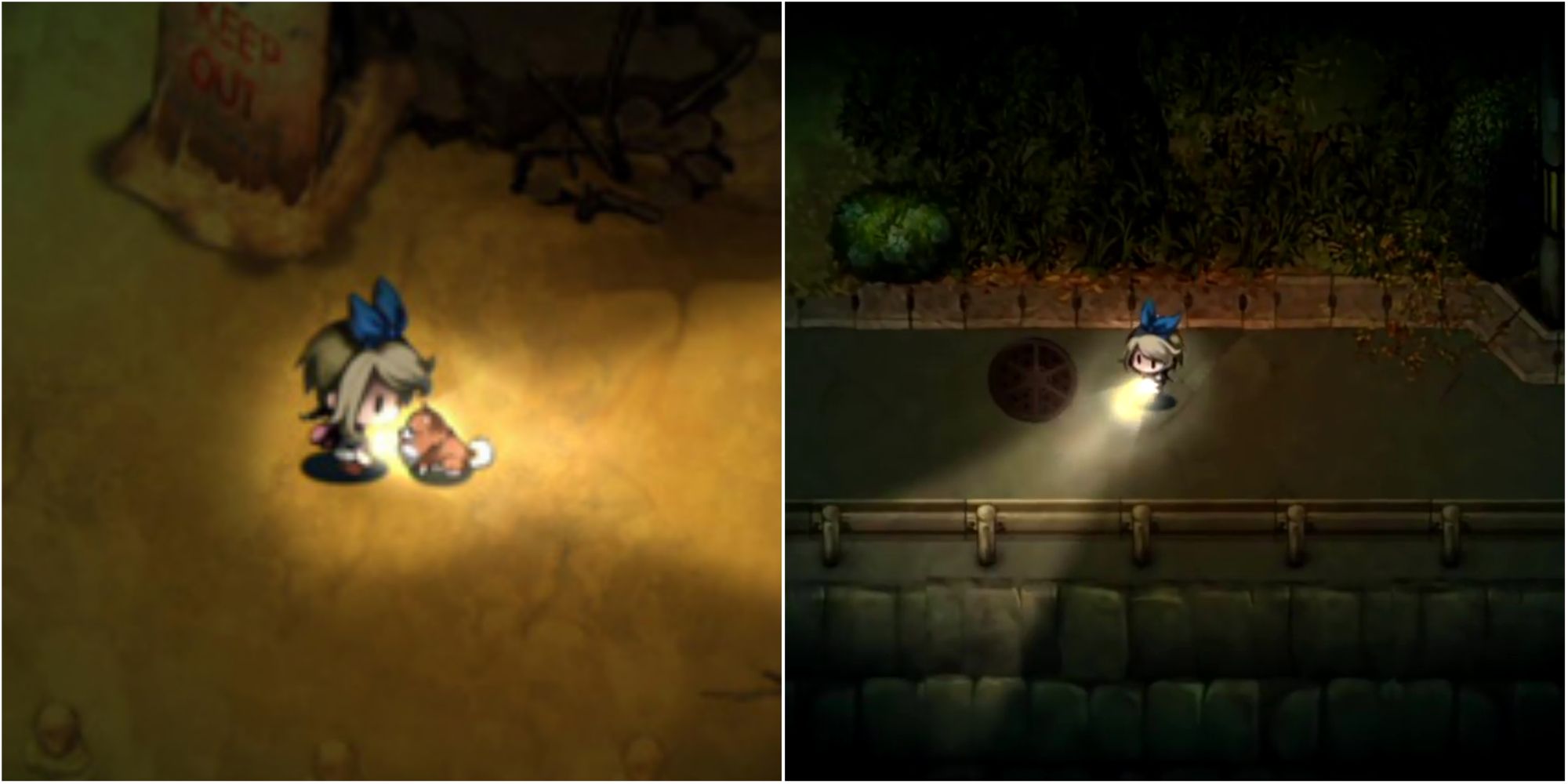 Split image screenshots of Haru with Chaco and Haru walking in Yomawari: Midnight Shadows.