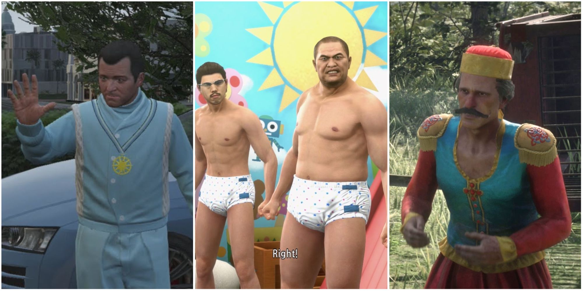 Collage of Hilarious Side Quests In Games featuring GTA V, Yakuza Kiwami 2 and Red Dead Redemption 2