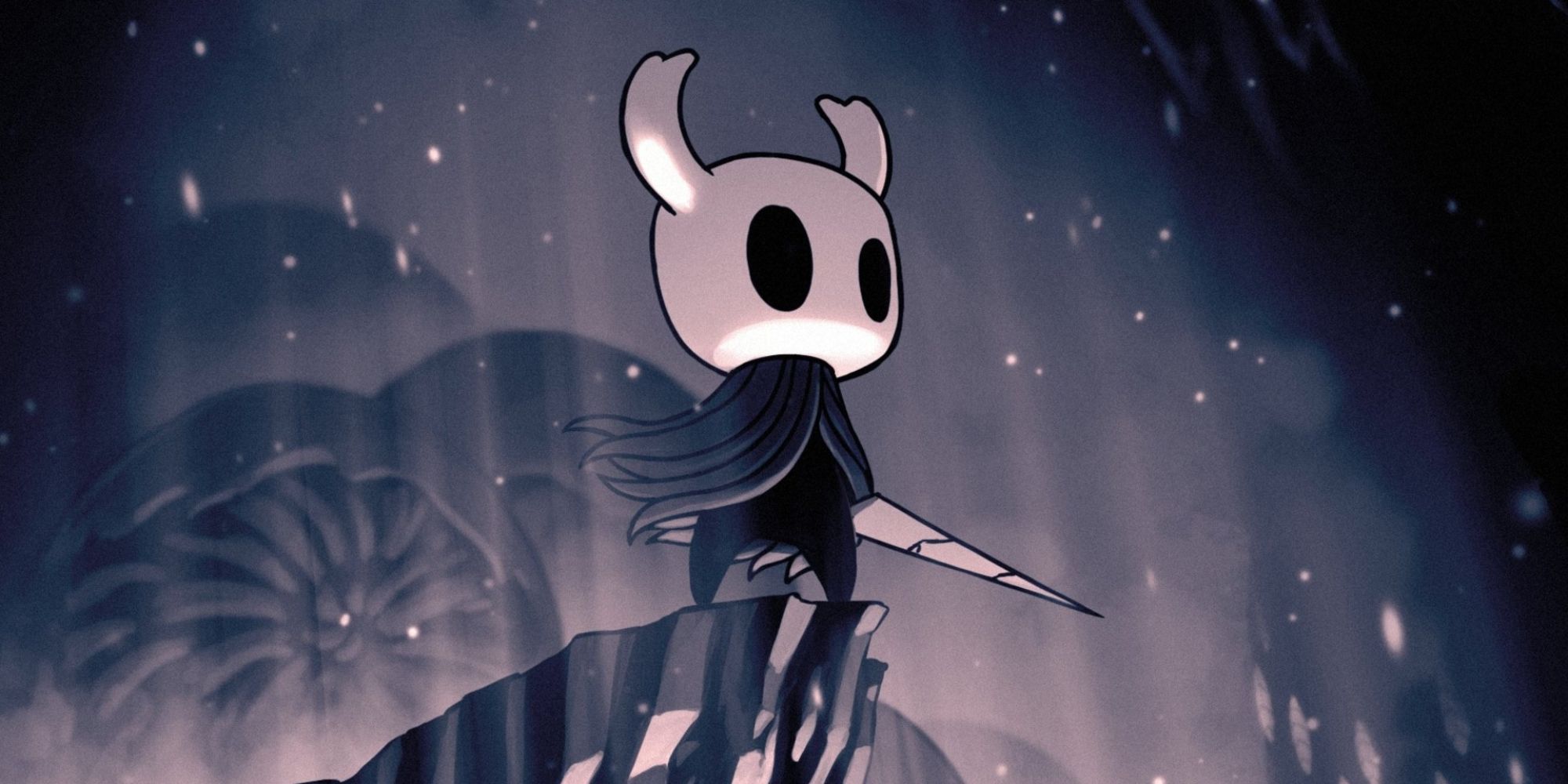 Hollow Knight protagonist standing atop a rock