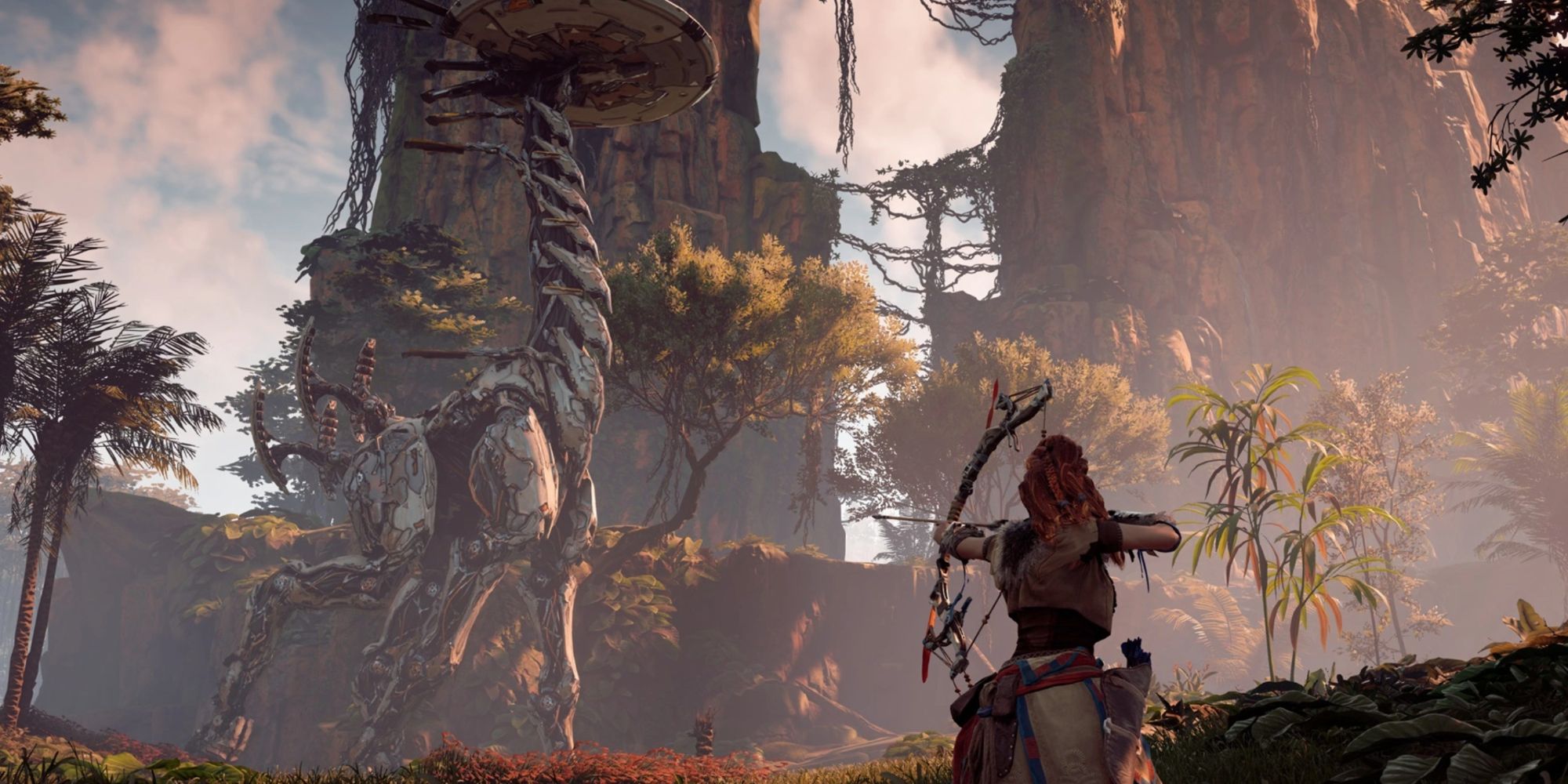 Aloy aiming her bow at a Tallneck in Horizon Zero Dawn