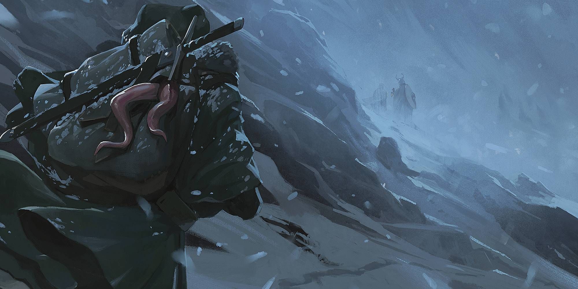 A lone traveler wades through a snowstorm where figures are in the distance from Dungeons &amp; Dragons.