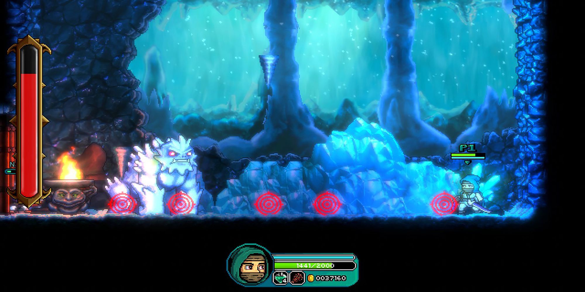 The Rogue avoids falling icicle targets during a boss battle in the Ice Caves in Bravery And Greed.