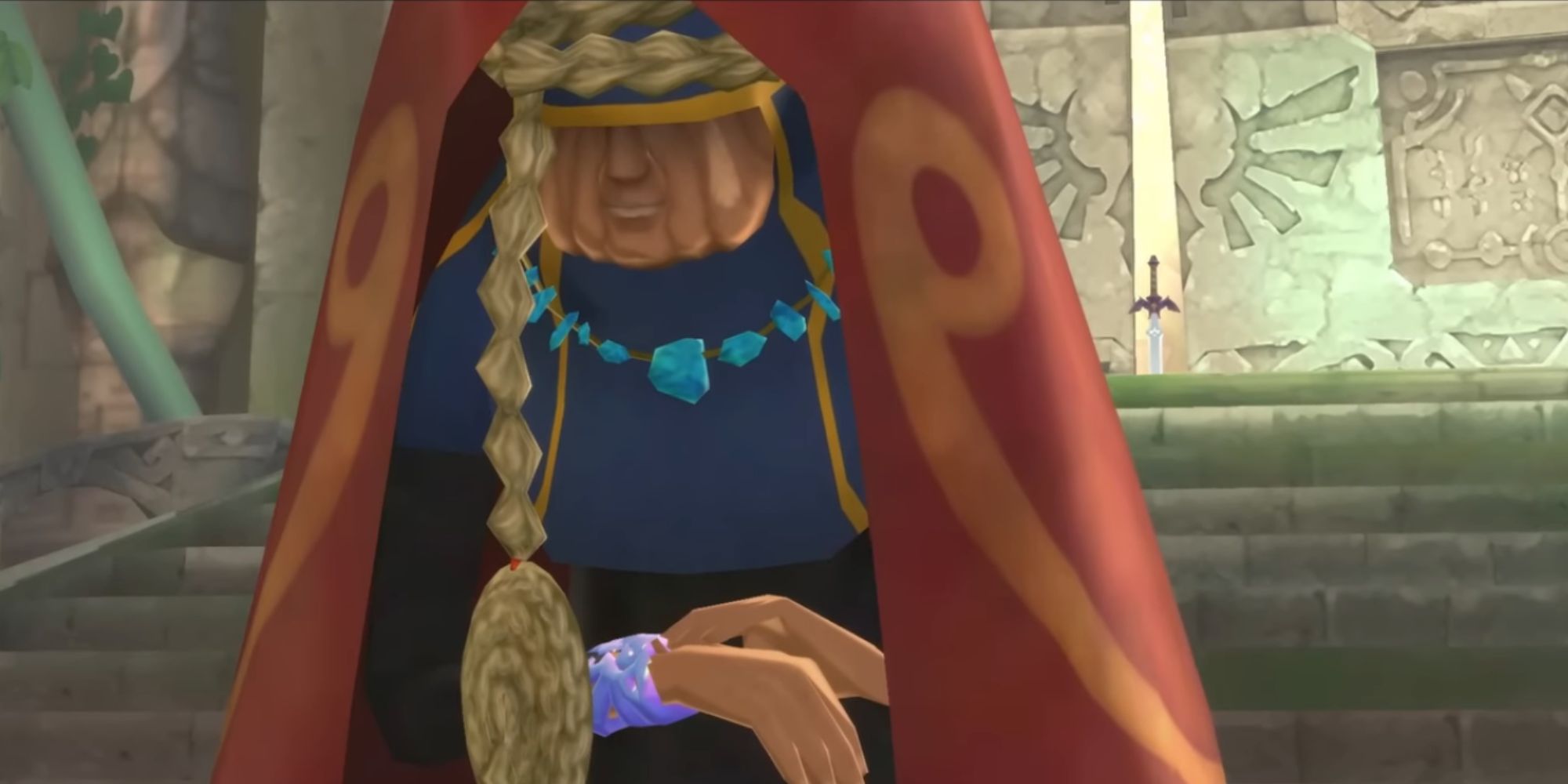 Impa touches her bracelet in the Sealed Temple