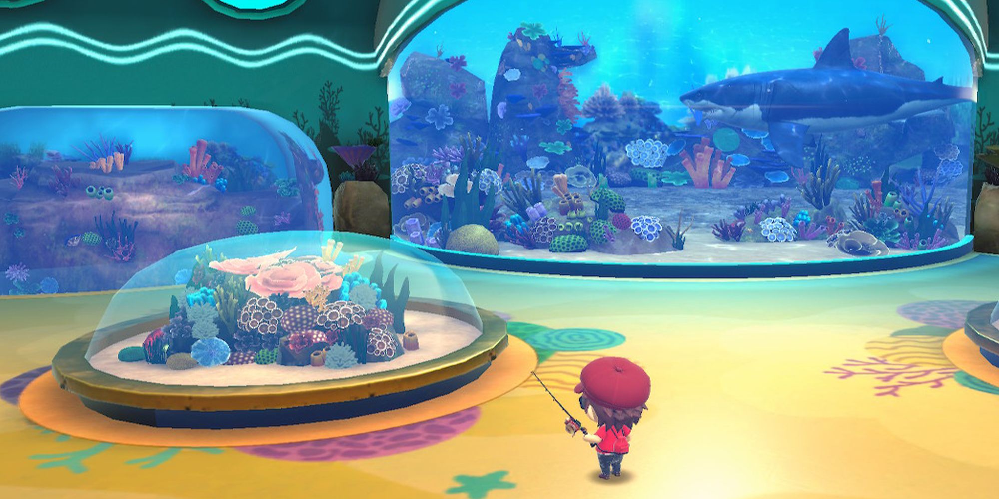 A A fisherman in a red cap explores the Coral Reef exhibit of the aquarium in Ace Angler: Fishing Spirits.