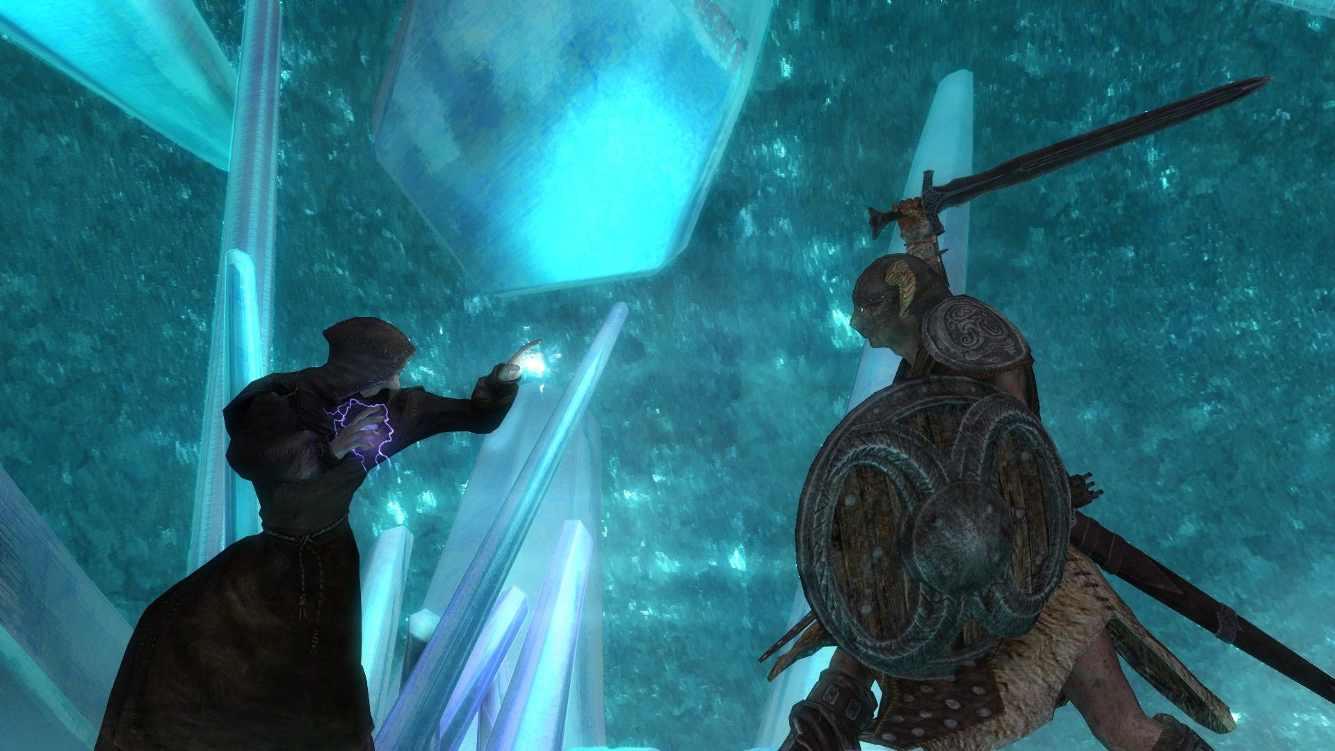 A fighter swings at a mage inside a space comprised entirely of glimmering blue crystals.
