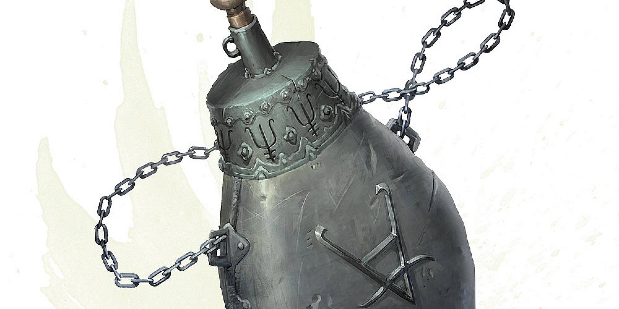 A flask made of iron sits with a chain on either side