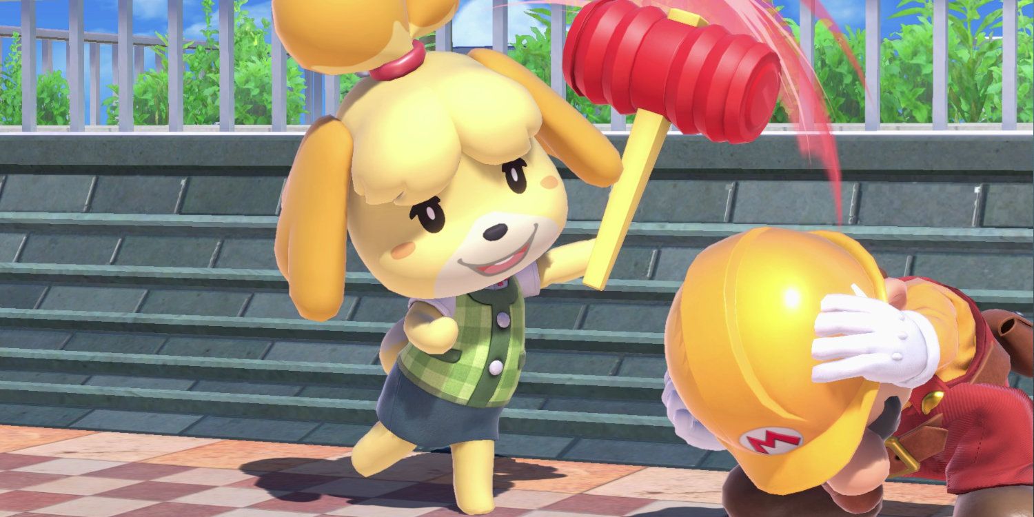 Isabelle attacks Mario in Super Smash Bros Ultimate