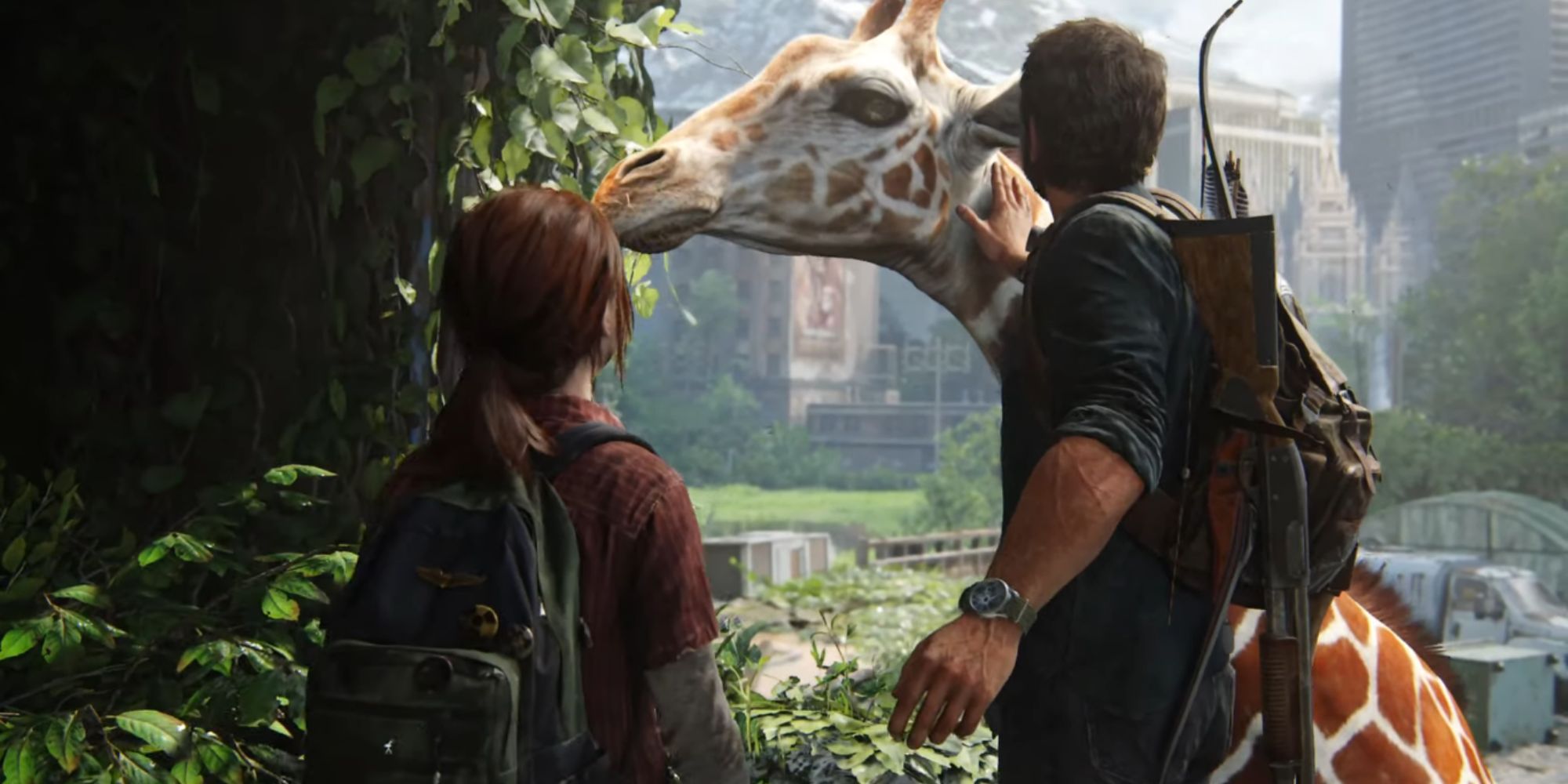 Ellie approaches Joel as he pets a giraffe on a sunny day